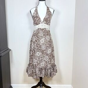 Y2K Speechless Womens Babydoll Halter Midi Dress 11 Brown Floral Paisley Crochet